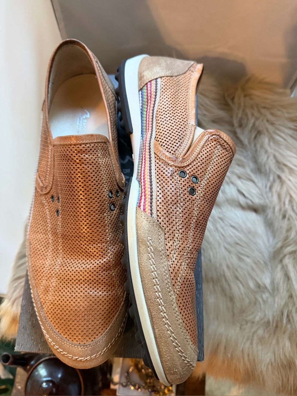 High End Bacco Bucci Men's Perforated Casual Slip-On Loafers - Tan Sz 13D